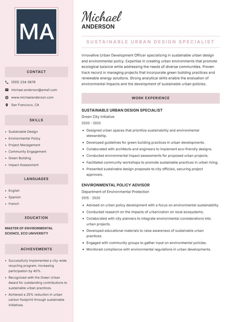 Urban Development Officer Resume Preview Example