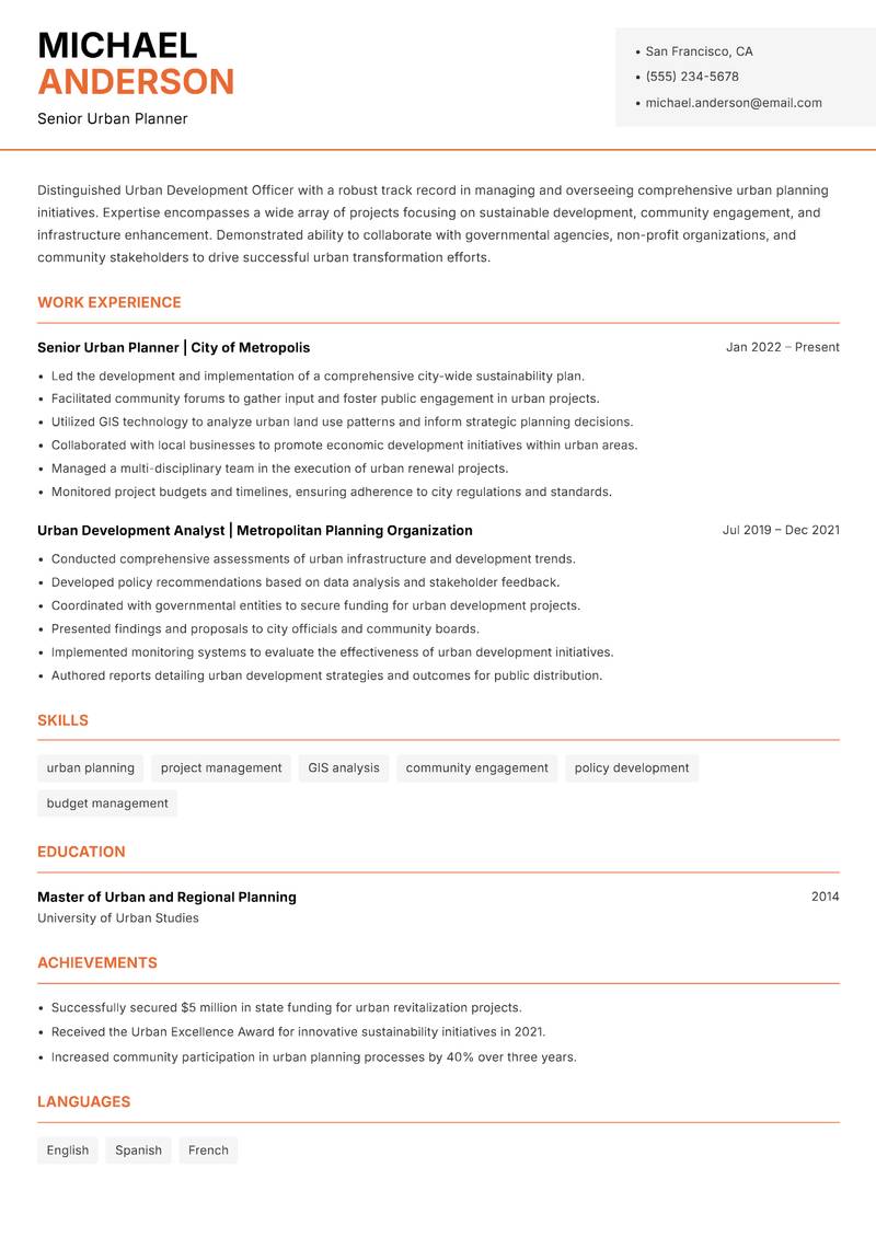 Urban Development Officer Resume Template