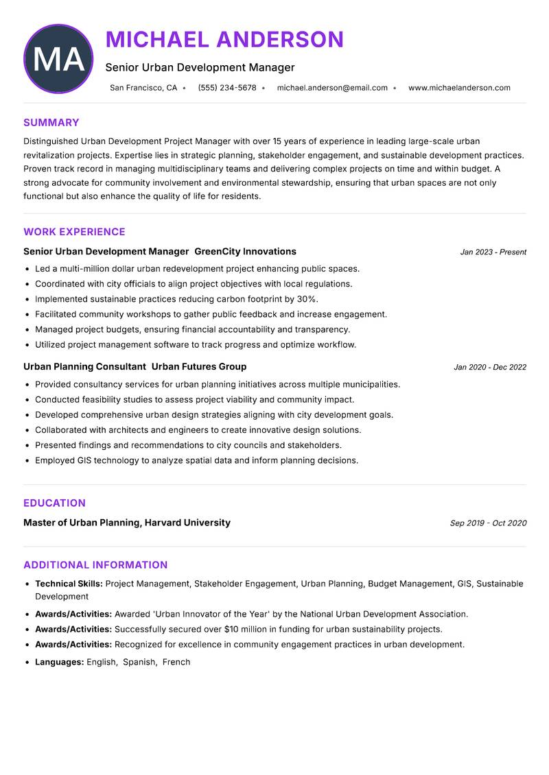 Urban Development Project Manager Resume Preview Example