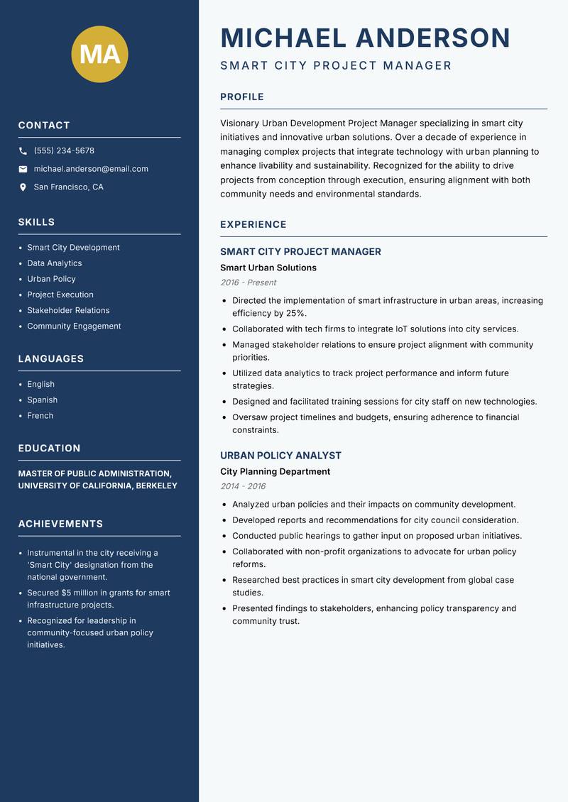 Urban Development Project Manager Resume Preview Example