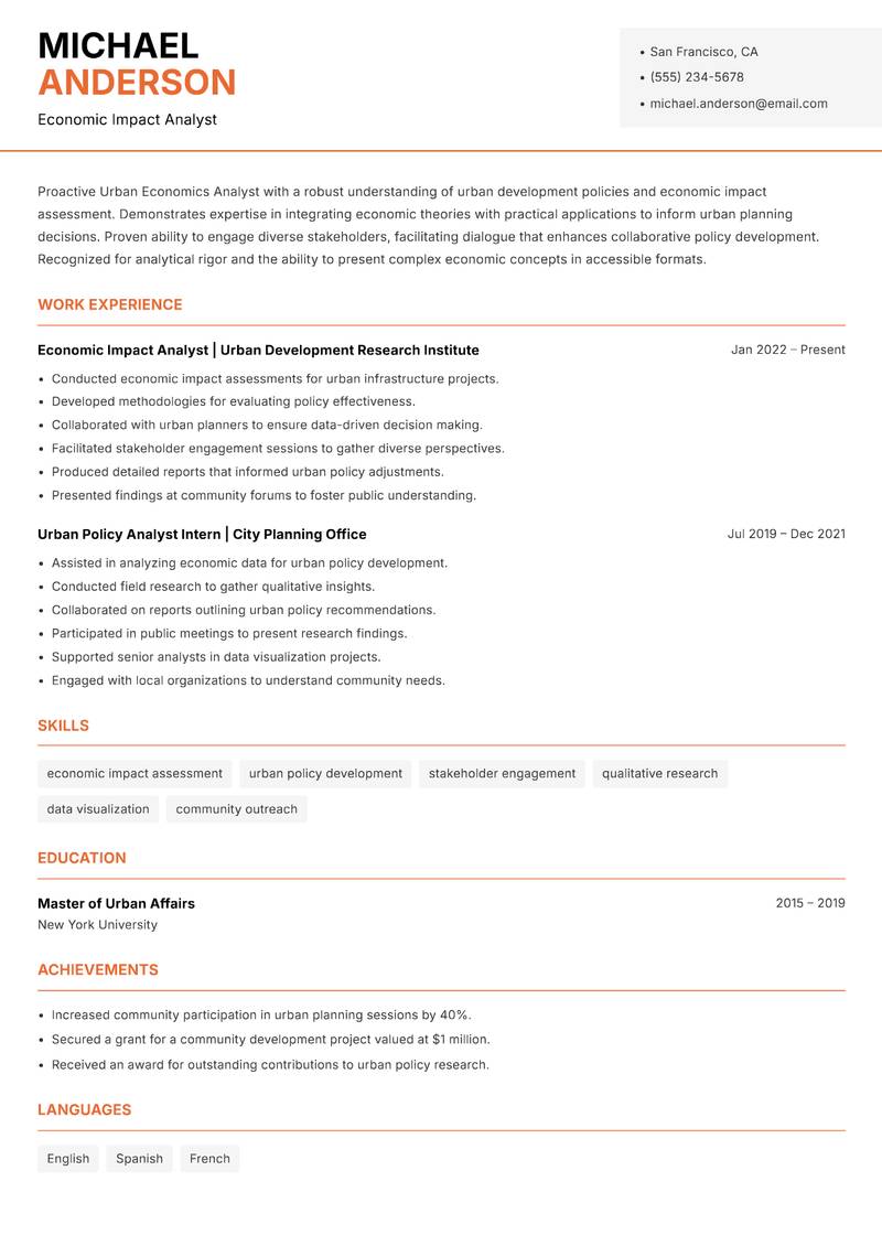 Urban Economics Analyst Resume Template