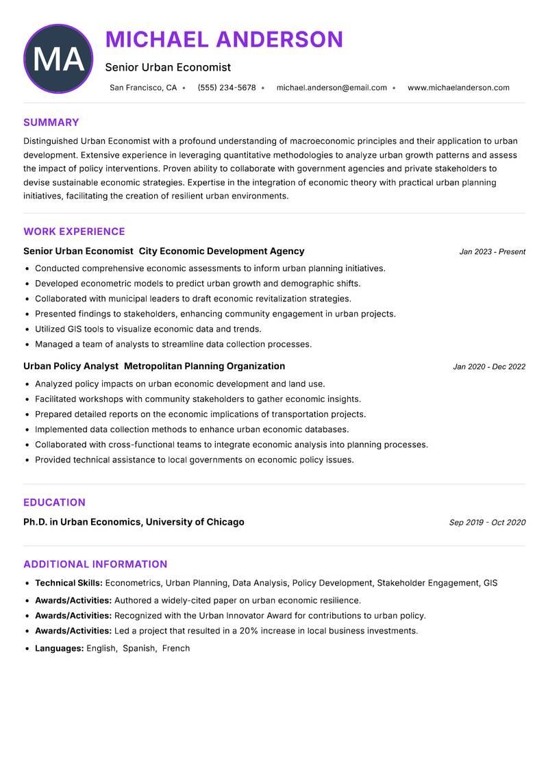 Urban Economist Resume Preview Example