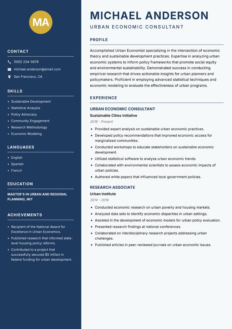 Urban Economist Resume Preview Example