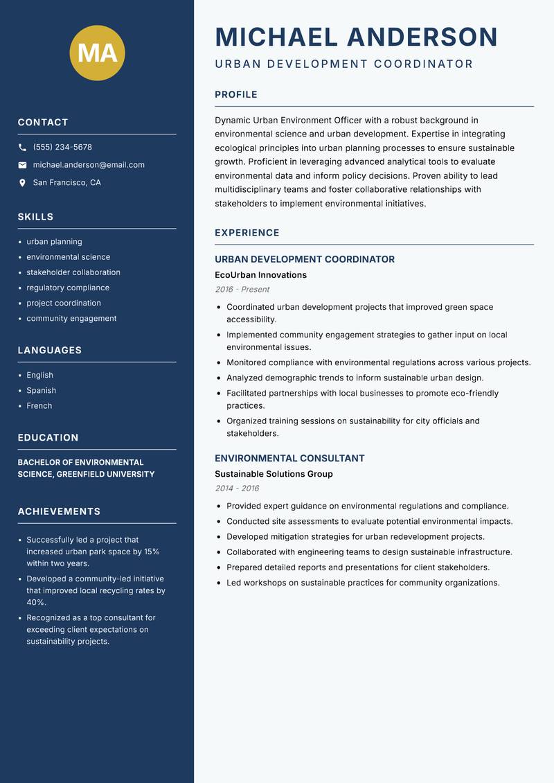 Urban Environment Officer Resume Preview Example