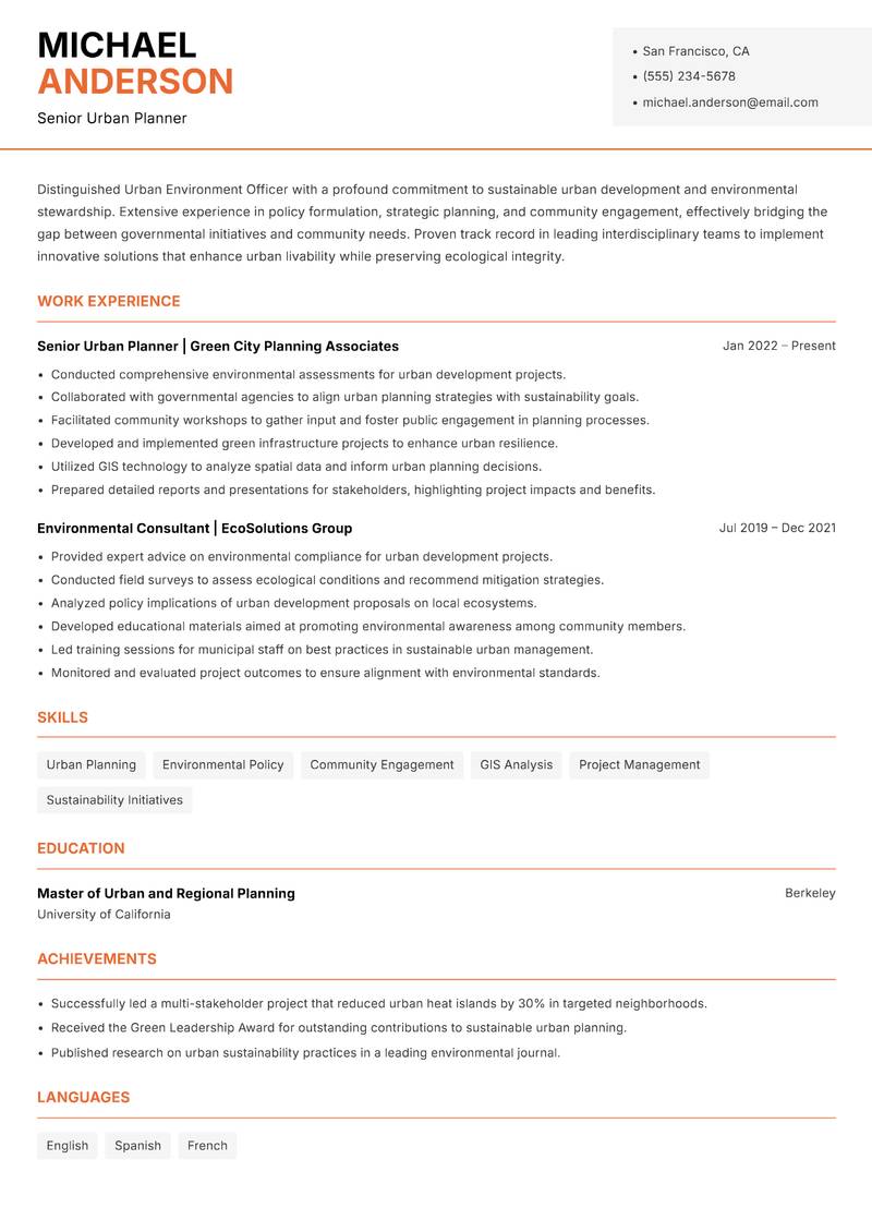 Urban Environment Officer Resume Template