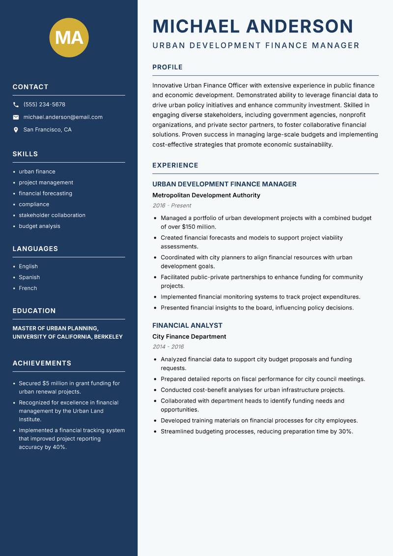 Urban Finance Officer Resume Preview Example