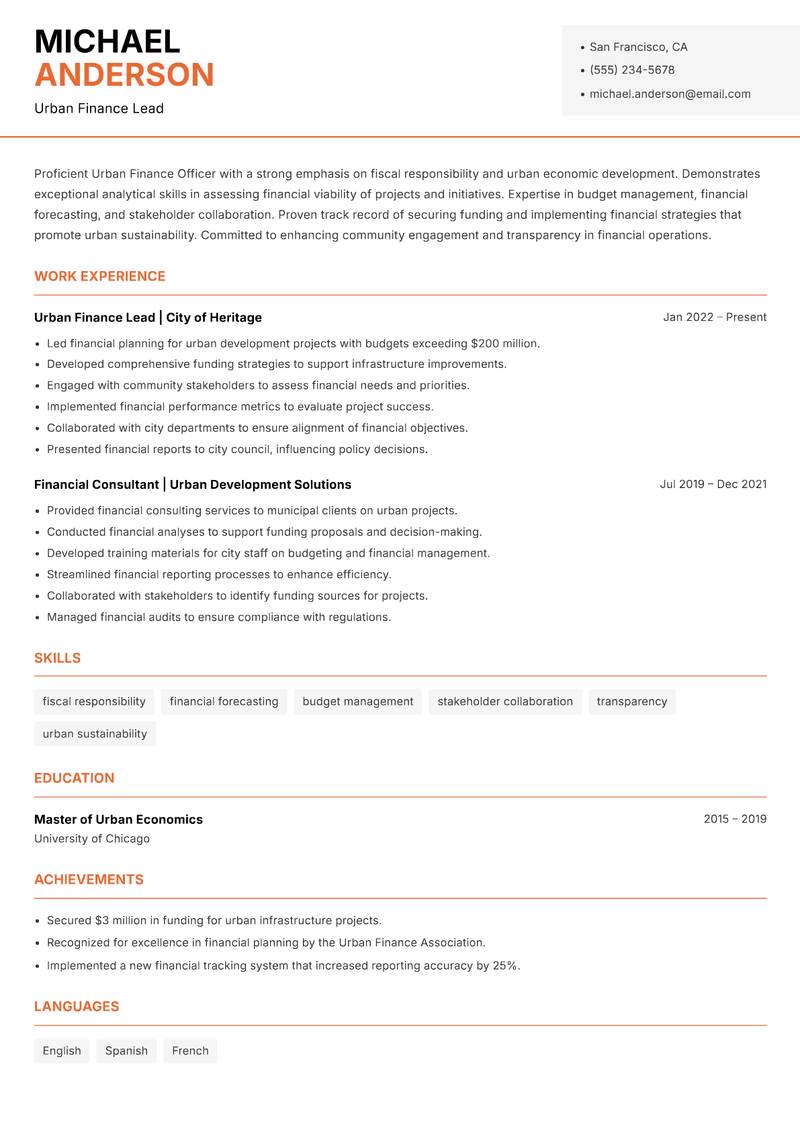 Urban Finance Officer Resume Template