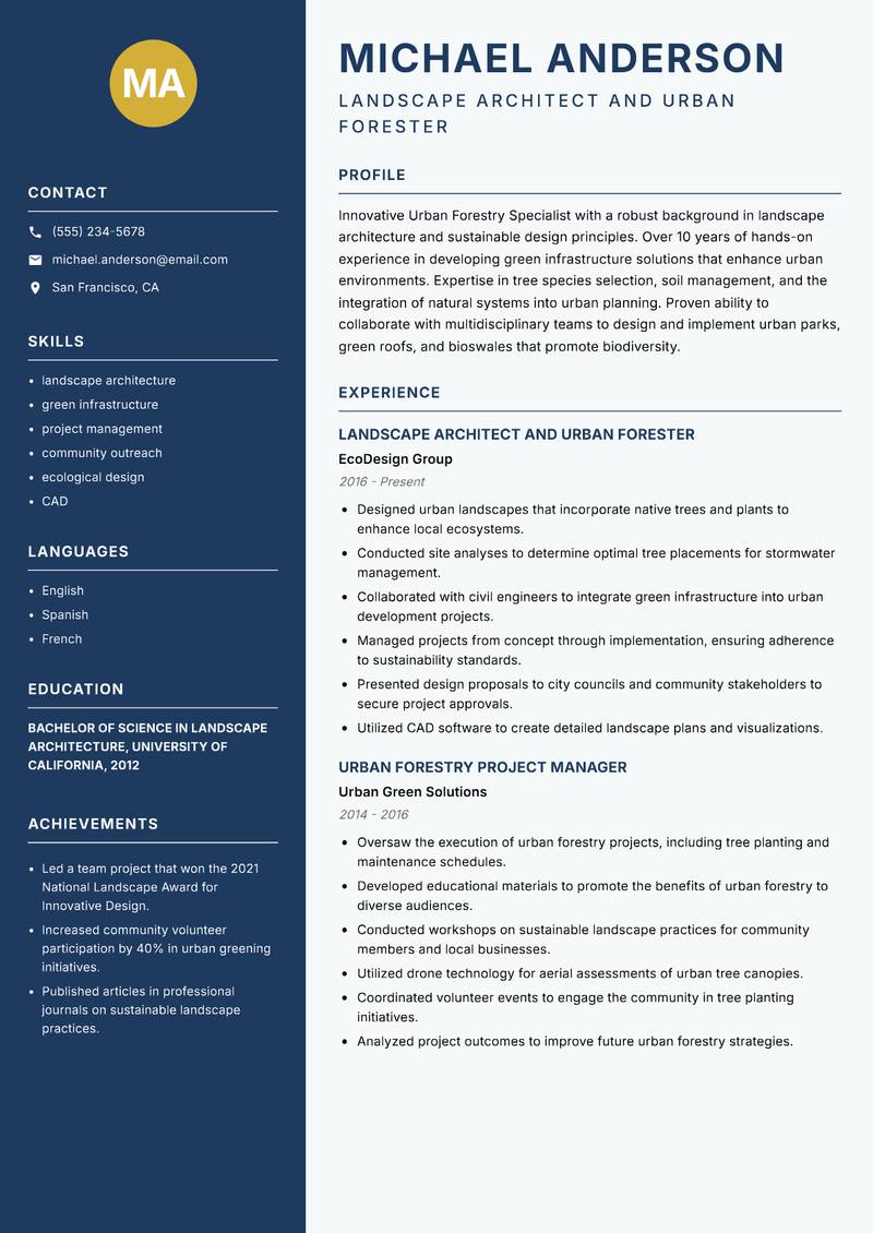 Urban Forestry Specialist Resume Preview Example