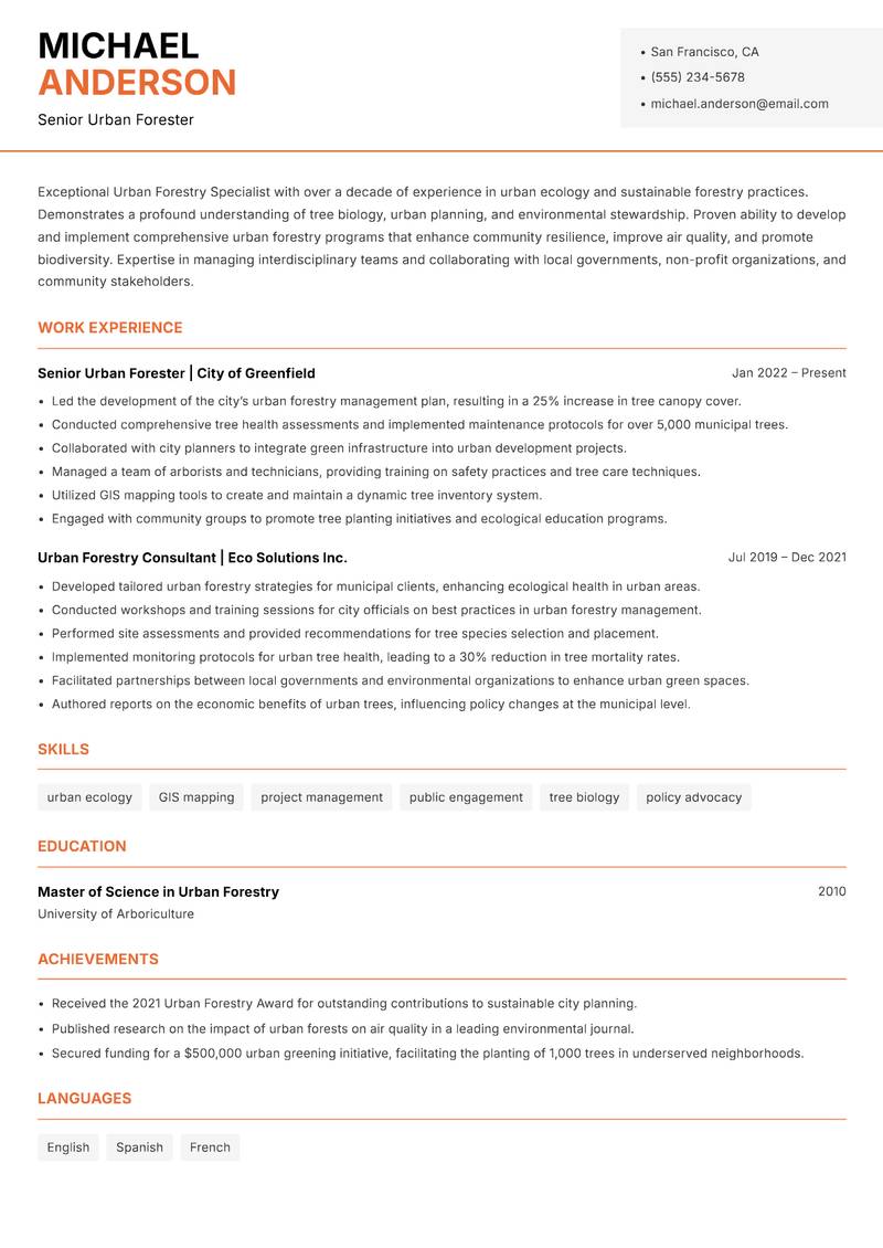 Urban Forestry Specialist Resume Template
