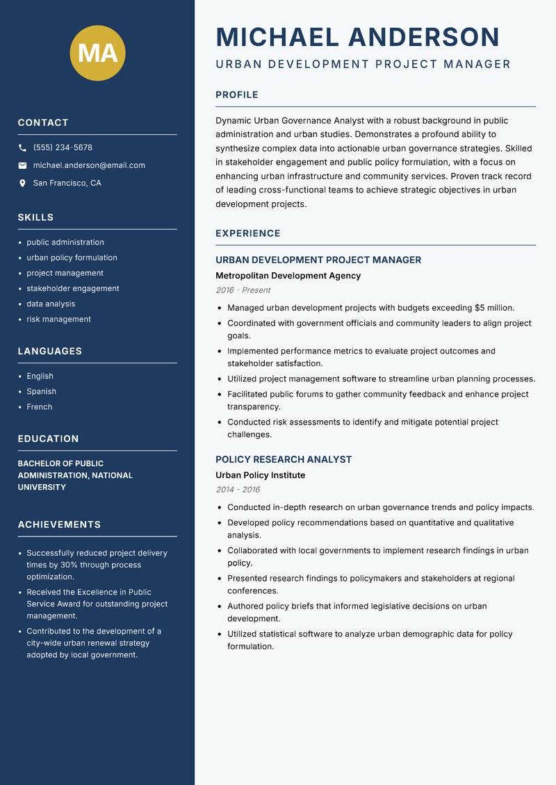 Urban Governance Analyst Resume Preview Example