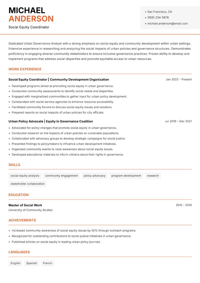 Urban Governance Analyst Resume Template