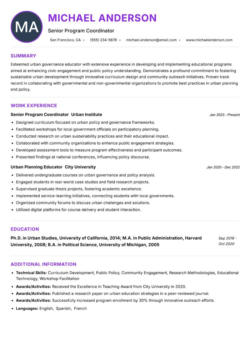 Urban Governance Educator Resume Preview Example