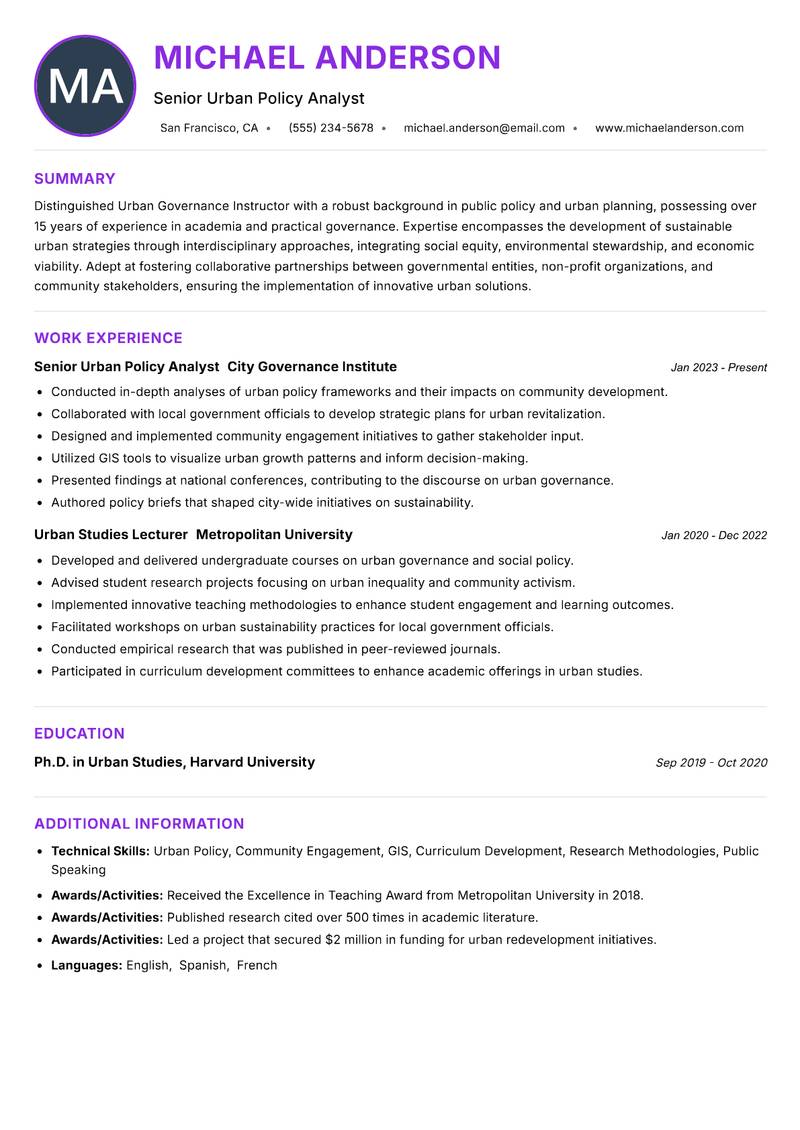 Urban Governance Instructor Resume Preview Example