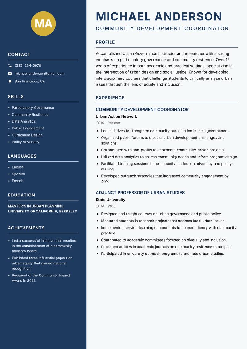 Urban Governance Instructor Resume Preview Example