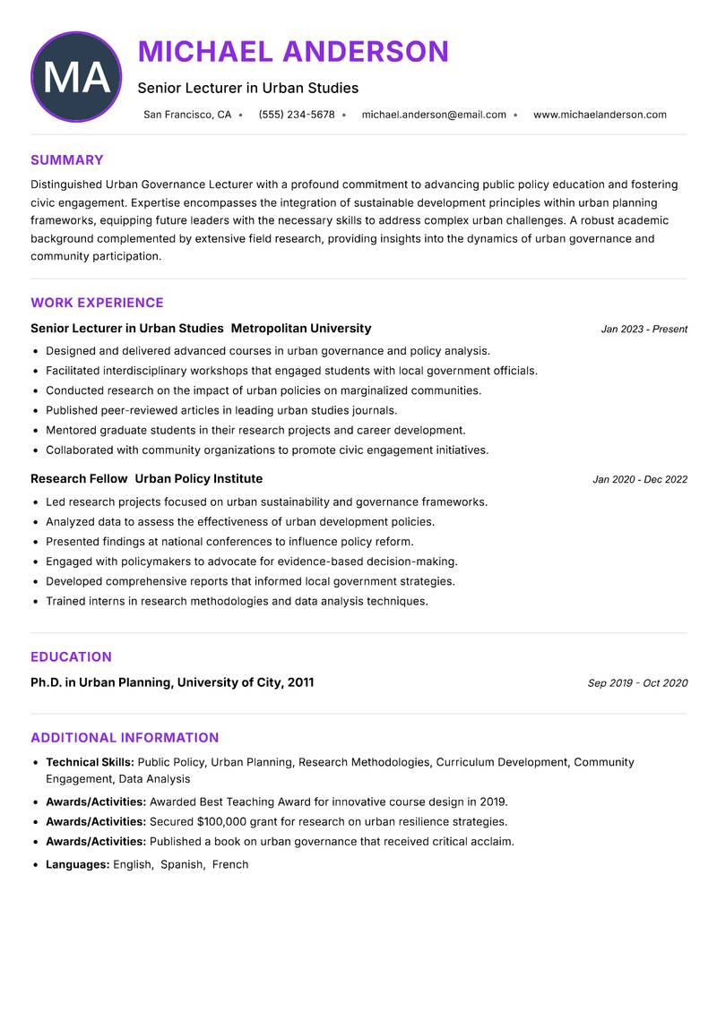Urban Governance Lecturer Resume Preview Example