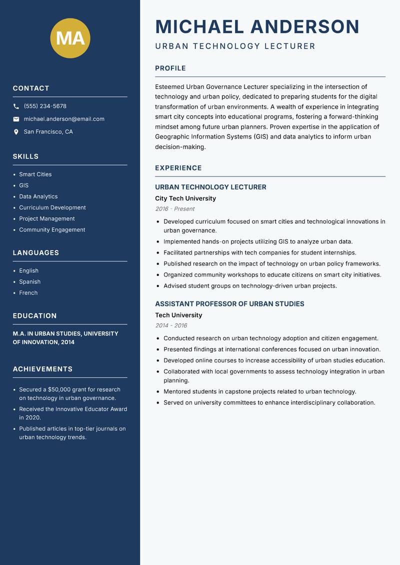 Urban Governance Lecturer Resume Preview Example