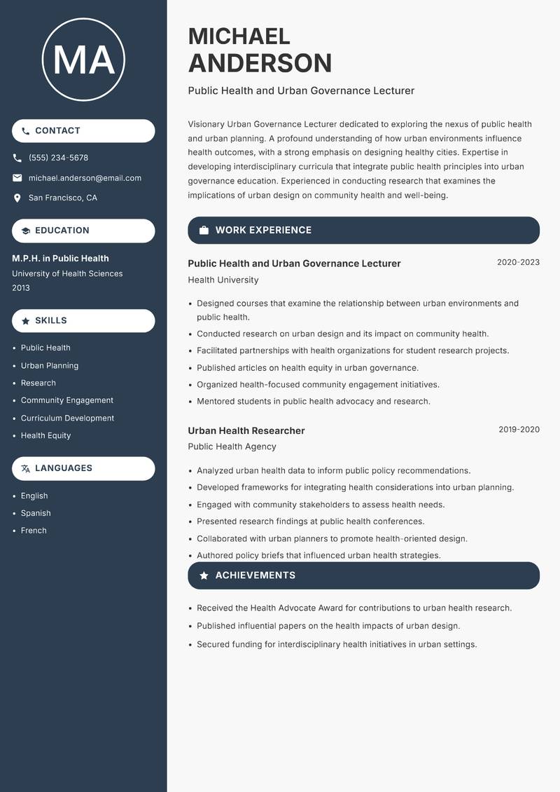 Urban Governance Lecturer Resume Preview Example