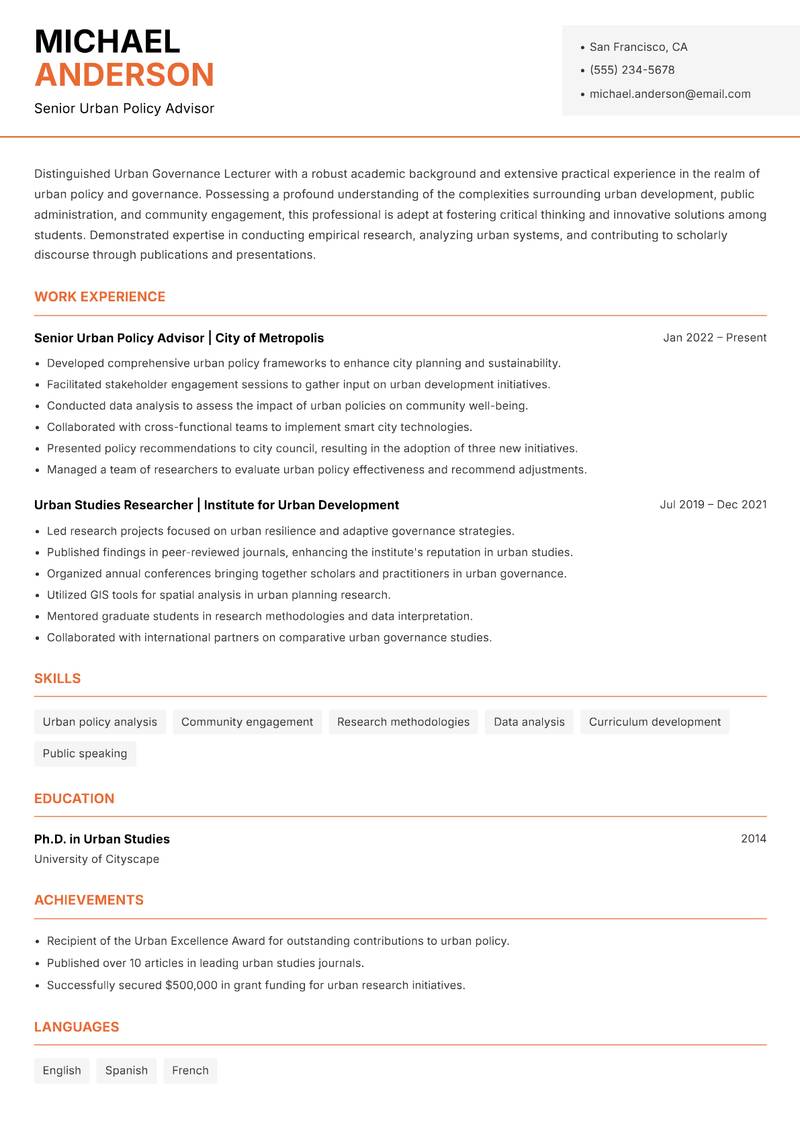 Urban Governance Lecturer Resume Template