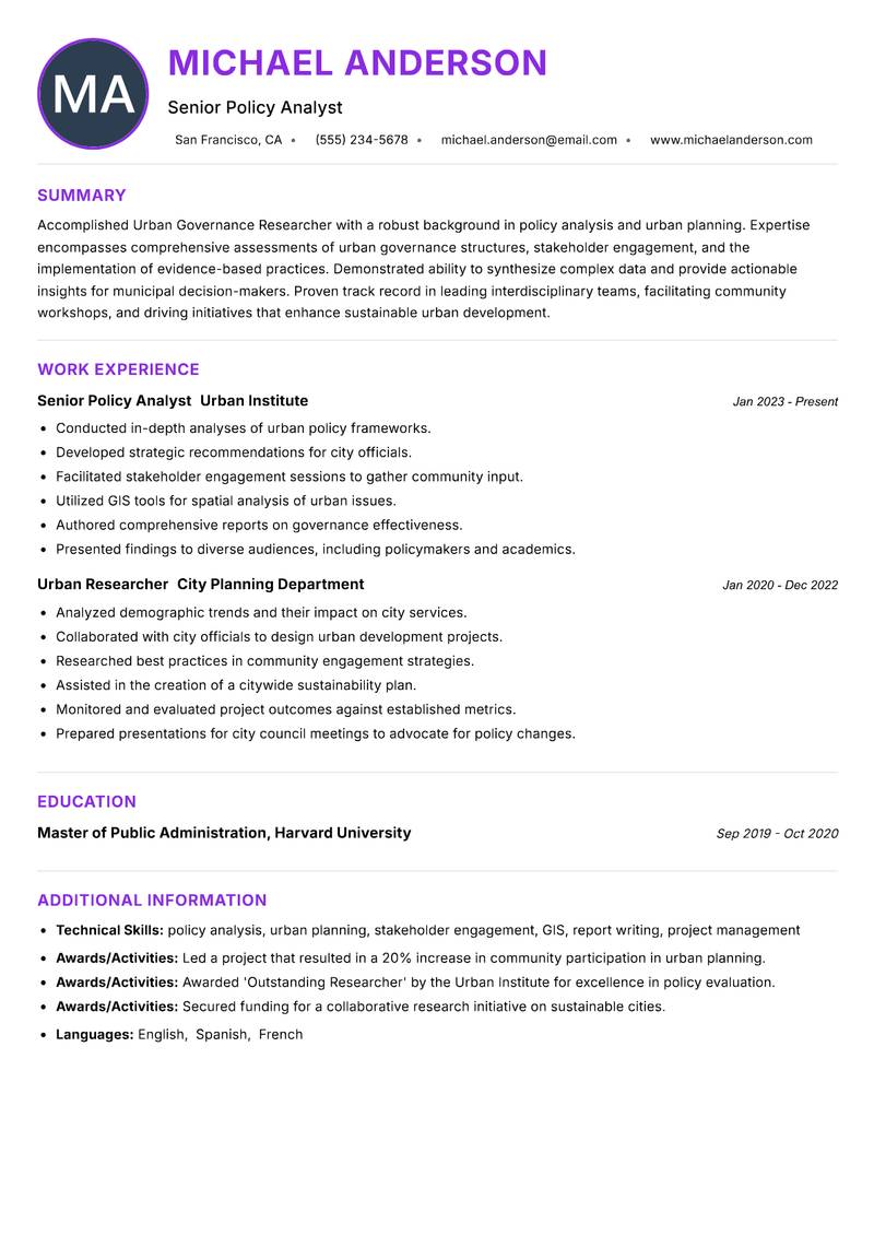 Urban Governance Researcher Resume Preview Example