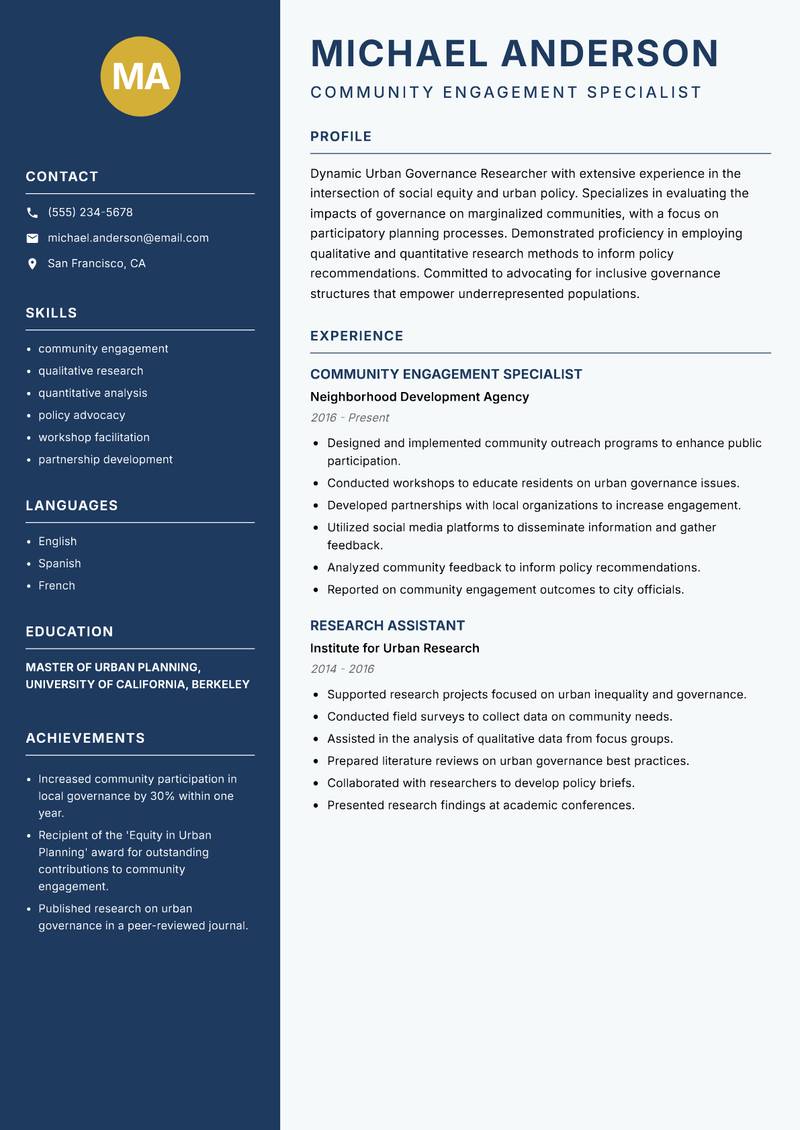 Urban Governance Researcher Resume Preview Example