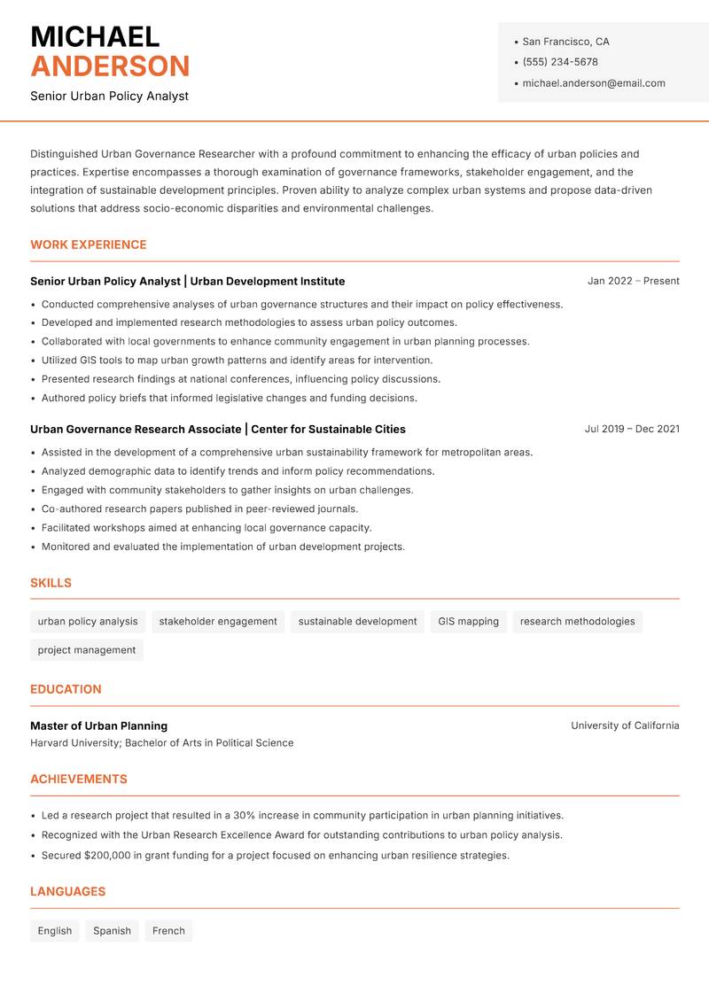 Urban Governance Researcher Resume Template