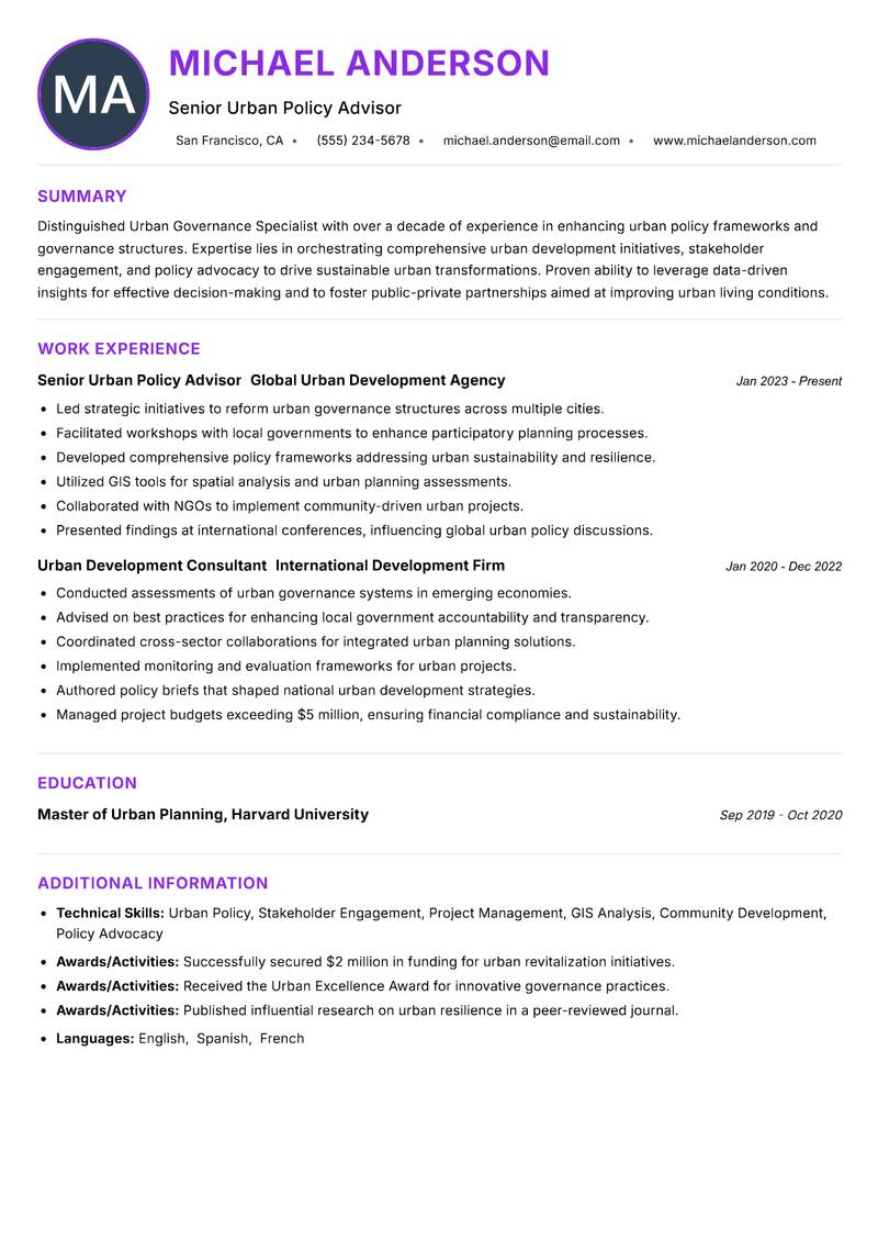 Urban Governance Specialist Resume Preview Example