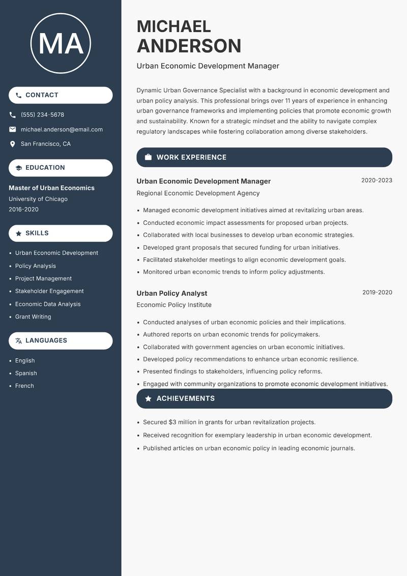 Urban Governance Specialist Resume Preview Example
