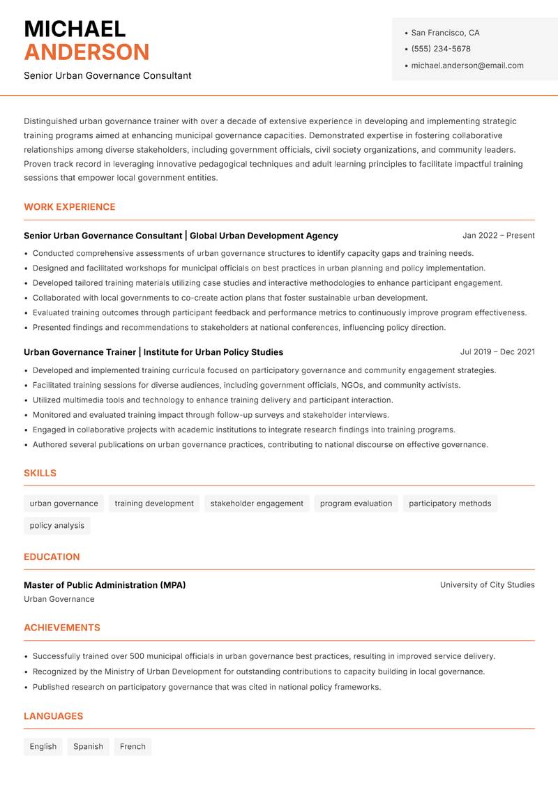 Urban Governance Trainer Resume Template