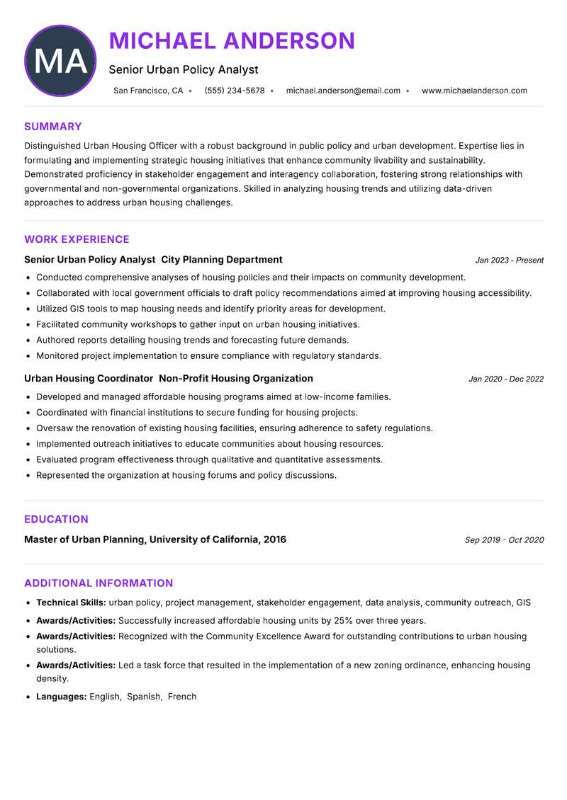 Urban Housing Officer Resume Preview Example