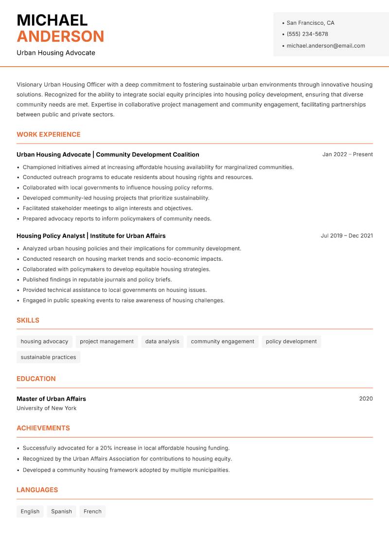 Urban Housing Officer Resume Template