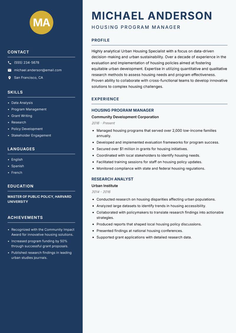 Urban Housing Specialist Resume Preview Example