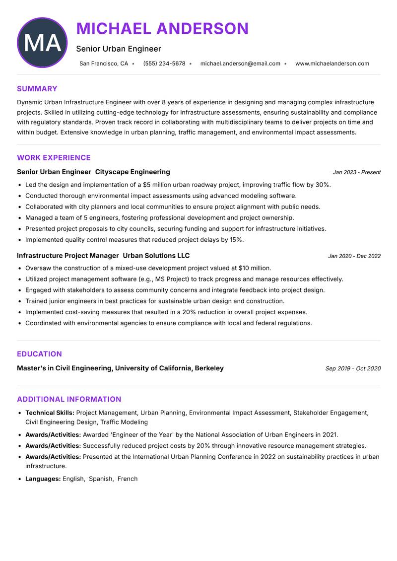 Urban Infrastructure Engineer Resume Preview Example