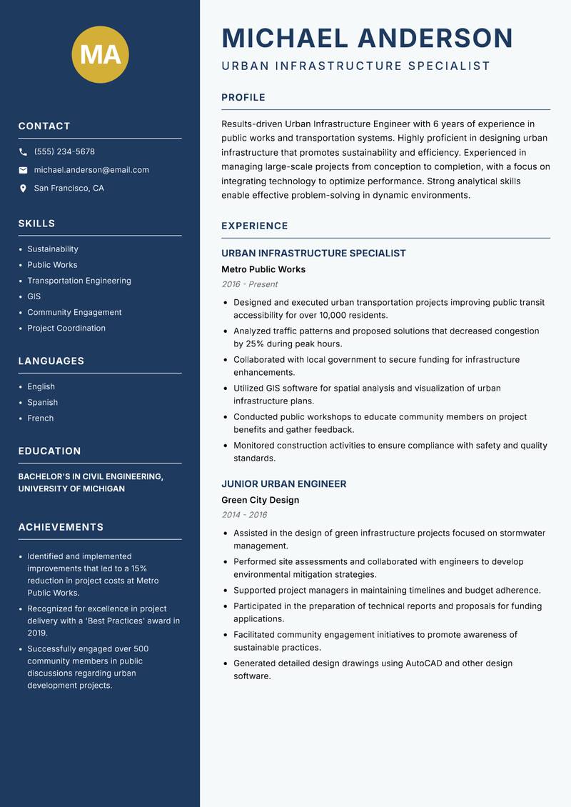 Urban Infrastructure Engineer Resume Preview Example