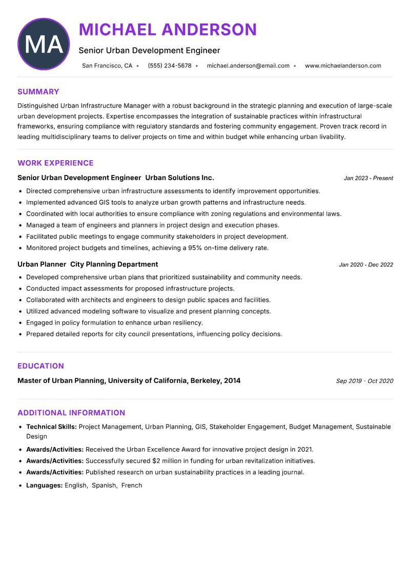 Urban Infrastructure Manager Resume Preview Example