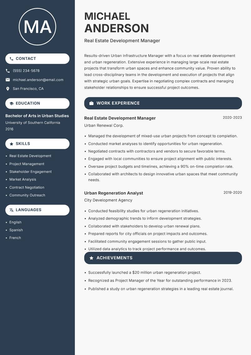 Urban Infrastructure Manager Resume Preview Example