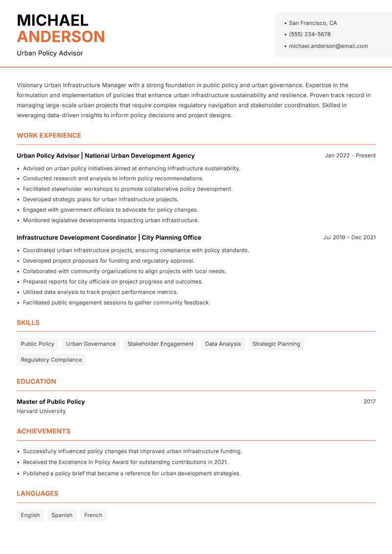 Urban Infrastructure Manager Resume Template