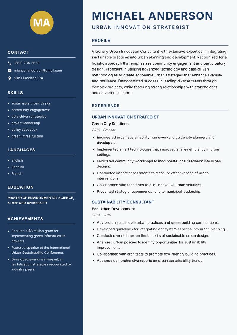 Urban Innovation Consultant Resume Preview Example