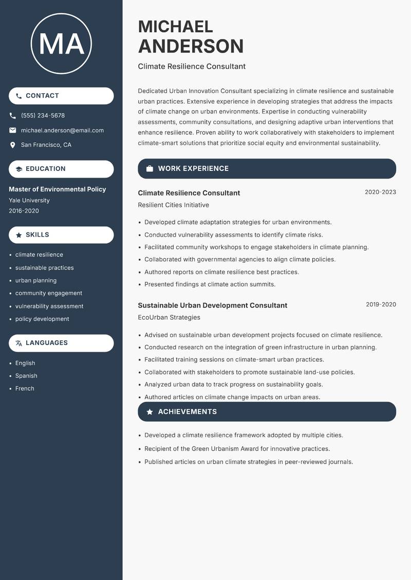 Urban Innovation Consultant Resume Preview Example