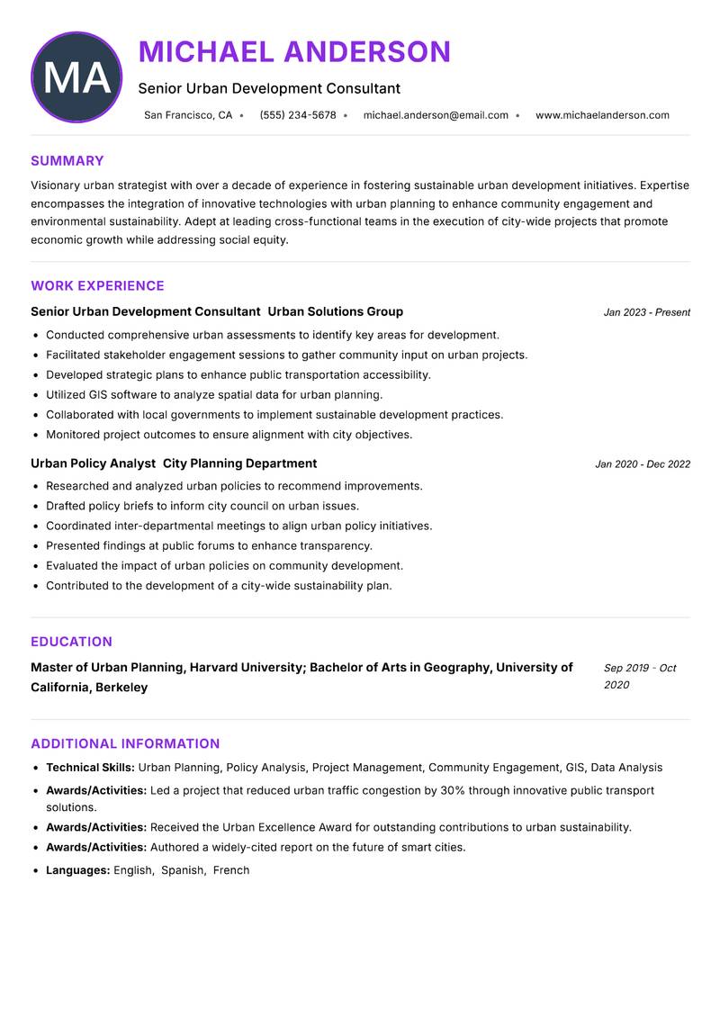 Urban Innovation Officer Resume Preview Example