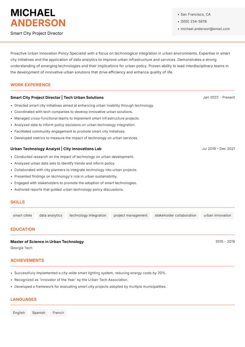 Urban Innovation Policy Specialist Resume Template