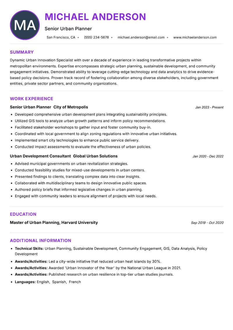 Urban Innovation Specialist Resume Preview Example