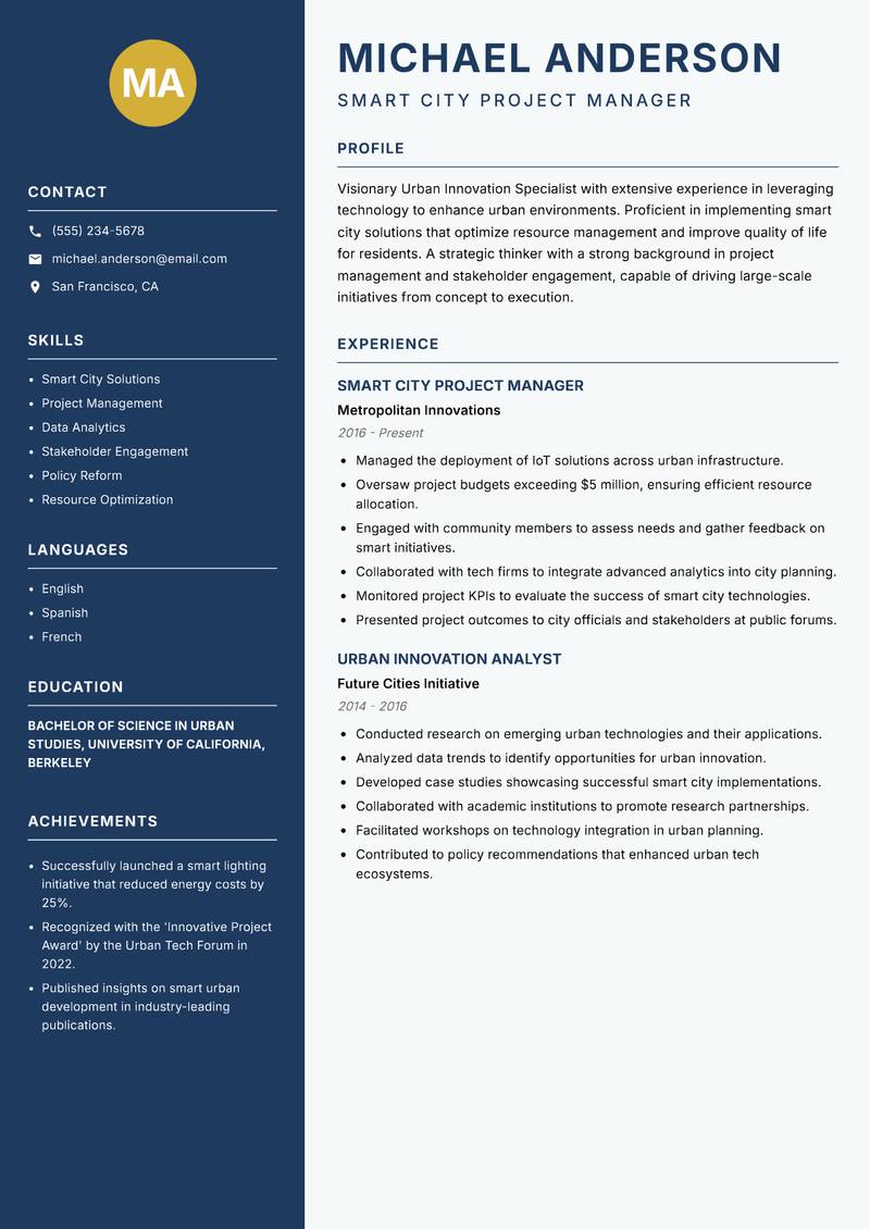 Urban Innovation Specialist Resume Preview Example