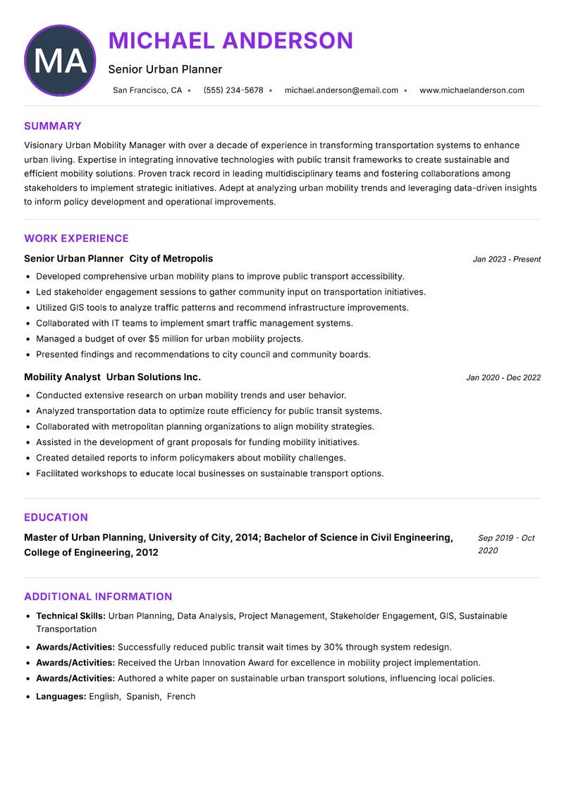 Urban Mobility Manager Resume Preview Example