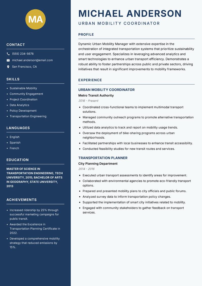 Urban Mobility Manager Resume Preview Example