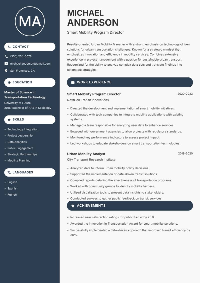Urban Mobility Manager Resume Preview Example
