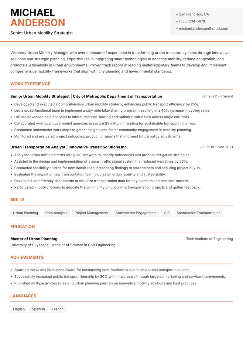Urban Mobility Manager Resume Template