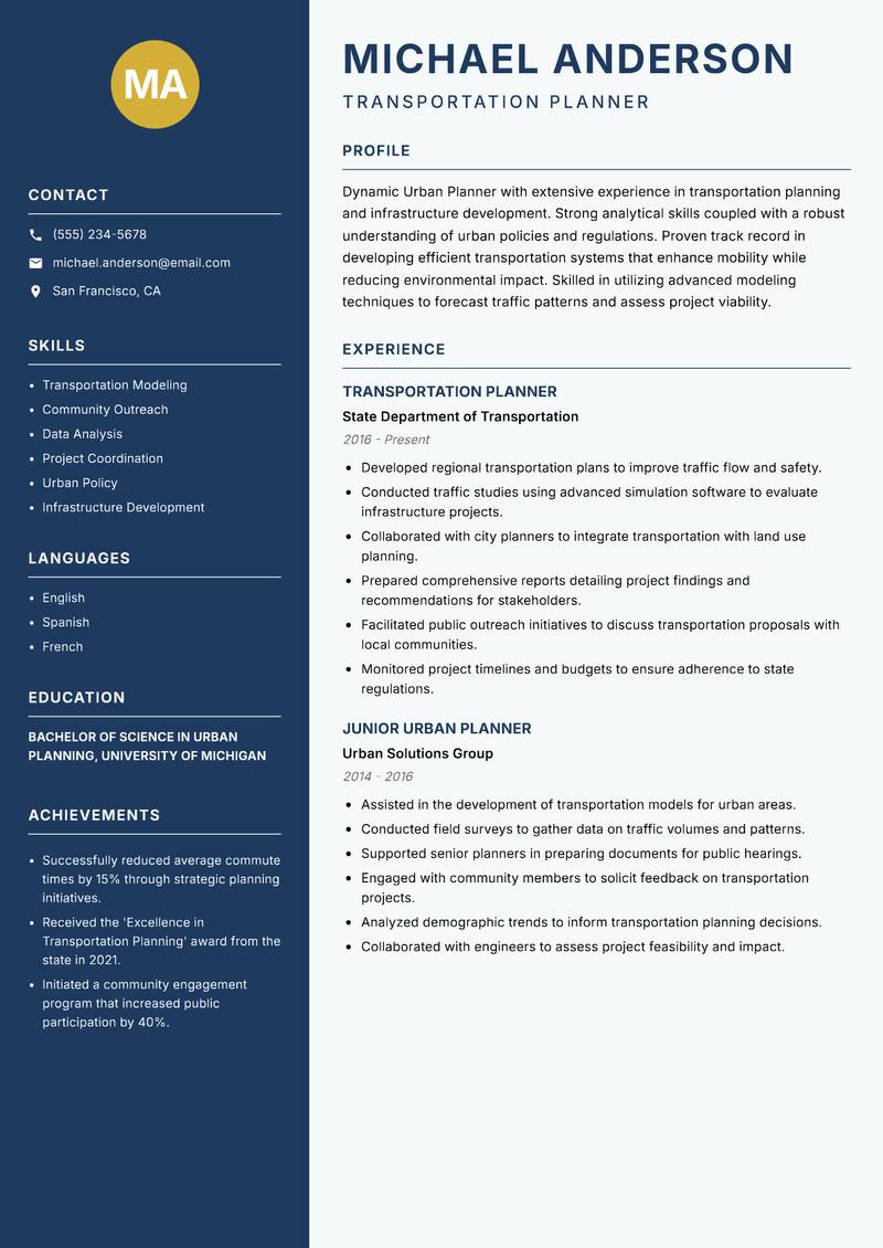 Urban Planner Resume Preview Example