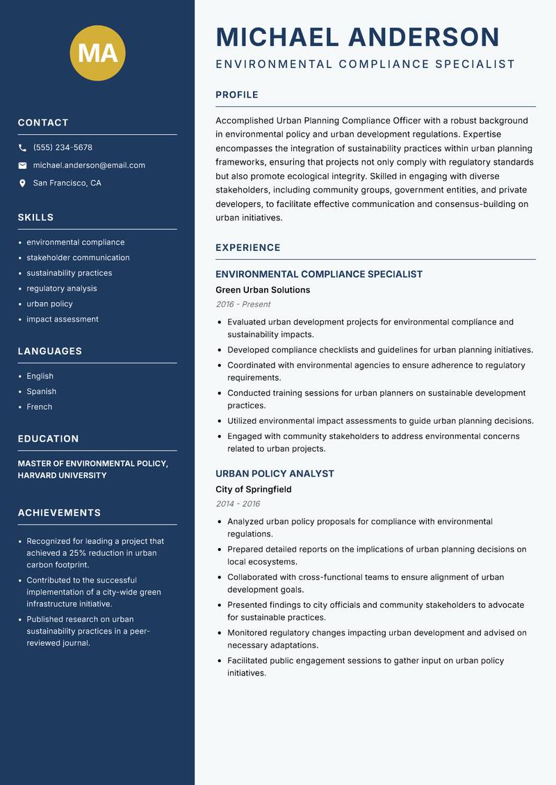 Urban Planning Compliance Officer Resume Preview Example