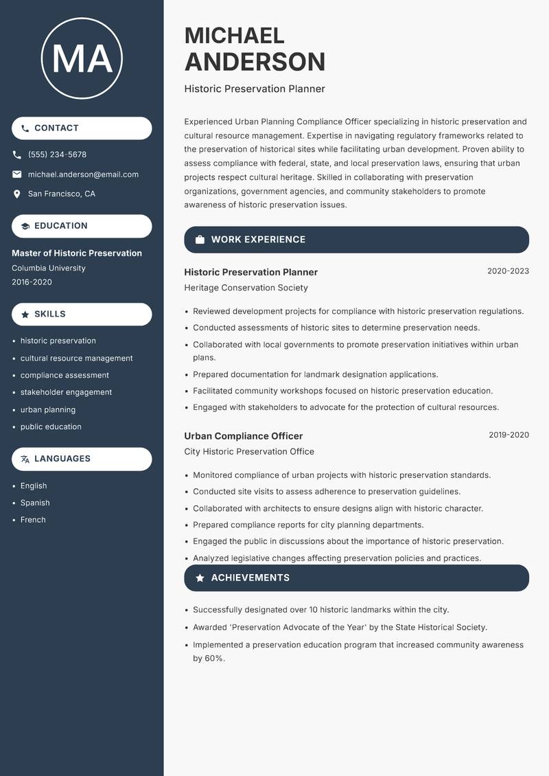 Urban Planning Compliance Officer Resume Preview Example