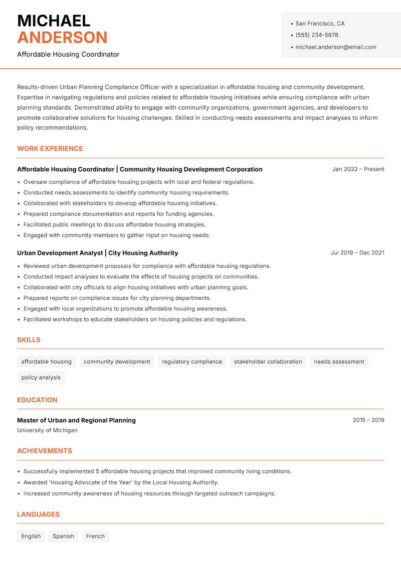 Urban Planning Compliance Officer Resume Template